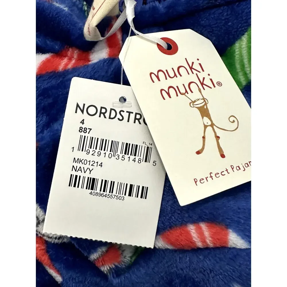 Munki Munki Youth Candy Cane Sled Hooded Fleece Pajamas Zip-Up One-Piece Blue 4